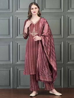 Shree - Women Burgundy Velvet Embroidered Kurta with Pant and Dupatta (Set of 3)