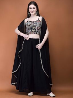 Shree - Women Black Georgette Embroidered Top with Shrug with Pant (Set of 3)