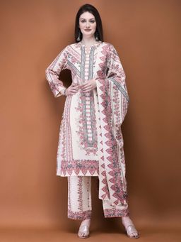 Shree - Women Off White Pashmina Floral Kurta with Pant and Dupatta (Set of 3)