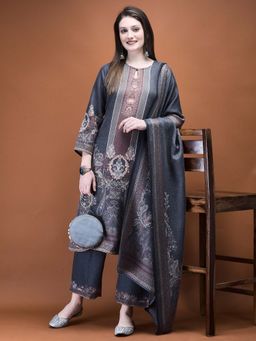 Shree - Women Grey Pashmina Paisley Kurta with Pant and Dupatta (Set of 3)