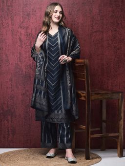 Shree - Women Navy Blue Pashmina Stripes Kurta with Pant and Dupatta (Set of 3)