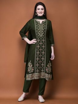 Shree - Women Olive Muslin Embroidered Kurta with Pant and Dupatta (Set of 3)