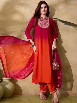 KVS FAB - Women Orange Silk Blend Embroidered Kurta with Pant and Dupatta (Set of 3)