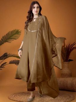 KVS FAB - Women Olive Organza Embroidered Kurta with Pant and Dupatta (Set of 3)