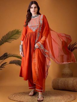 KVS FAB - Women Orange Silk Blend Embroidered Kurta with Pant and Dupatta (Set of 3)