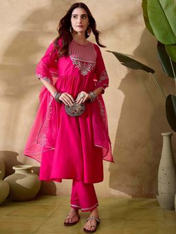 KVS FAB - Women Pink Silk Blend Embroidered Kurta with Pant and Dupatta (Set of 3)