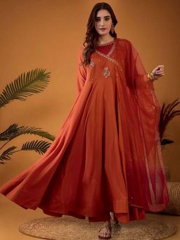KVS FAB - Women Orange Silk Blend Embroidered Kurta with Pant and Dupatta (Set of 3)