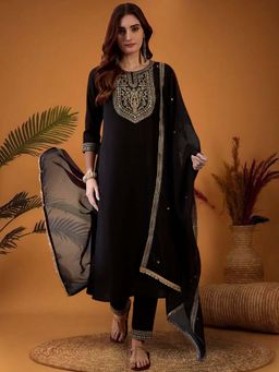 KVS FAB - Women Black Silk Blend Embroidered Kurta with Pant and Dupatta (Set of 3)