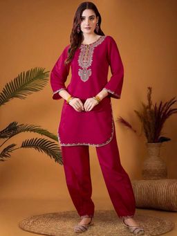 KVS FAB - Women Pink Tussar Silk Embroidered Kurta with Pant and Dupatta (Set of 3)