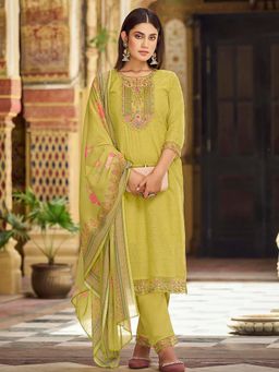 KVS FAB - Women Yellow Cotton Embroidered Kurta with Pant and Dupatta (Set of 3)