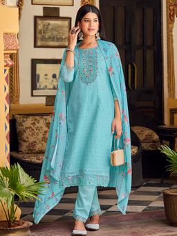 KVS FAB - Women Green Cotton Embroidered Kurta with Pant and Dupatta (Set of 3)