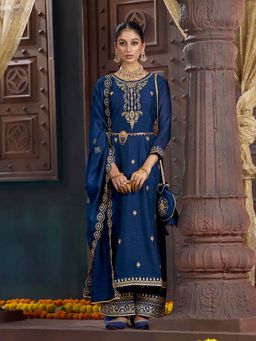 KVS FAB - Women Blue Silk Blend Embroidered Kurta with Palazzo and Dupatta with Belt (Set of 4)