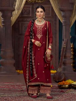 KVS FAB - Women Maroon Embroidered Kurta with Palazzo and Dupatta with Belt (Set of 4)
