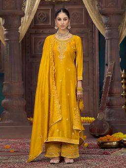 KVS FAB - Women Yellow Embroidered Kurta with Palazzo and Dupatta with Belt (Set of 4)