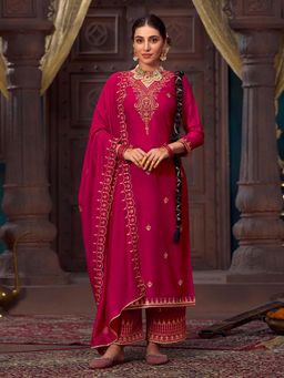 KVS FAB - Women Pink Silk Blend Embroidered Kurta with Palazzo and Dupatta with Belt (Set of 4)
