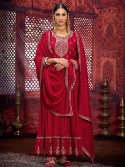 KVS FAB - Women Red Silk Blend Embroidered Kurta with Pant and Dupatta (Set of 3)