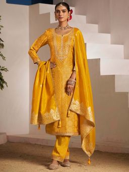 KVS FAB - Women Yellow Viscose Embroidered Kurta with Pant and Dupatta (Set of 3)