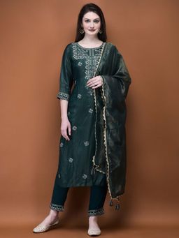 Shree - Women Green Muslin Lurex Embroidered Kurta with Pant and Dupatta (Set of 3)