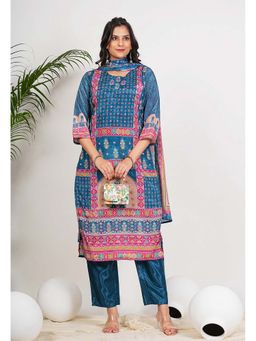 Vbuyz - Women Blue Chinon Geometric Kurta with Pant and Dupatta (Set of 3)