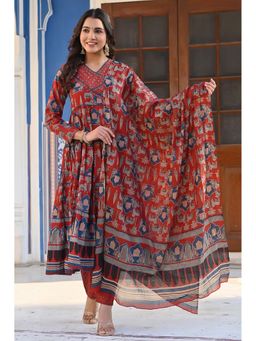 Vbuyz - Women Maroon Cotton Animal Print Kurta with Pant and Dupatta (Set of 3)