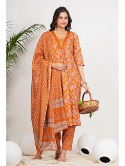 Vbuyz - Women Mustard Cotton Floral Kurta with Pant and Dupatta (Set of 3)