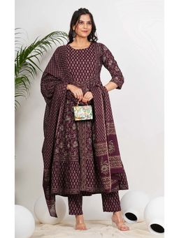 Vbuyz - Women Wine Cotton Floral Anarkali Kurta with Pant and Dupatta