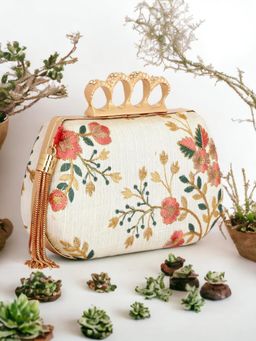 Toobacraft - Women Cream Handicraft Hand Beautiful Bling Box Clutch
