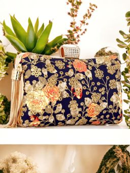 Toobacraft - Women Navy Blue Beautiful Flower Box Clutch