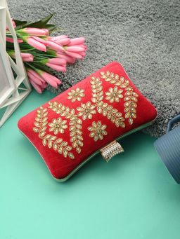 Toobacraft - Women Red Handicraft Beautiful Bling Box Clutch