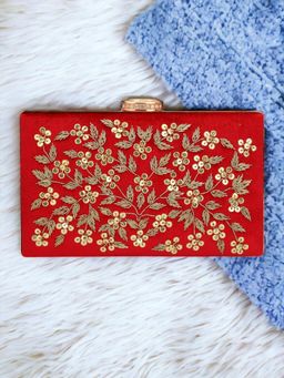 Toobacraft - Women Red Handicraft Hand Embellished Box Clutch