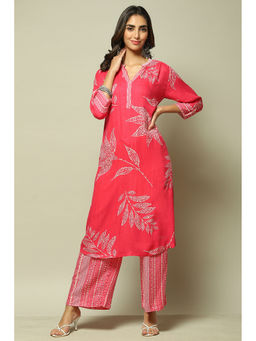 Biba - Womens Pink Printed Rayon Straight Kurta (Set of 2)