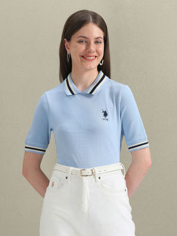 U.S. POLO ASSN. - Blue Striped Collar Textured Polo T-Shirt
