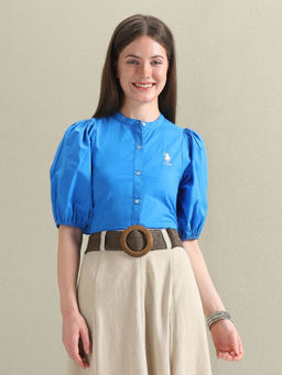 U.S. POLO ASSN. - Blue Puff Sleeve Relaxed Poplin Top