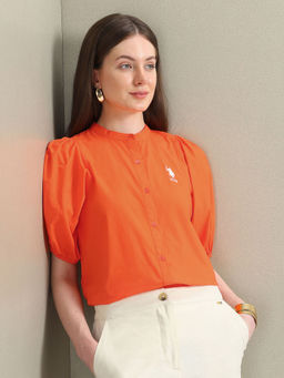 U.S. POLO ASSN. - Orange Puff Sleeve Relaxed Poplin Top