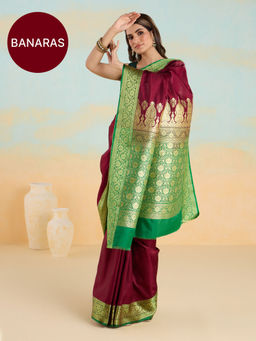 Likha - Banarasi Satin Silk Antique Zari Border Maroon Saree with Unstitched Blouse LIKKKSAR10