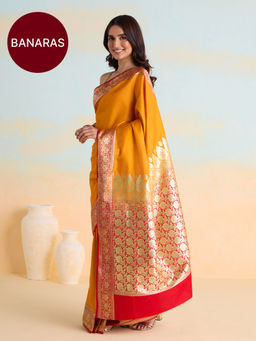 Likha - Banarasi Satin Silk Antique Zari Border Mustard Saree with Unstitched Blouse LIKKKSAR10