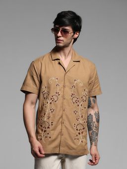 Jack & Jones - Beige Cotton Comfort Fit Embroidered Shirt