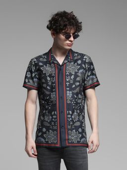 Jack & Jones - Navy Blue Cotton Comfort Fit Floral Shirt