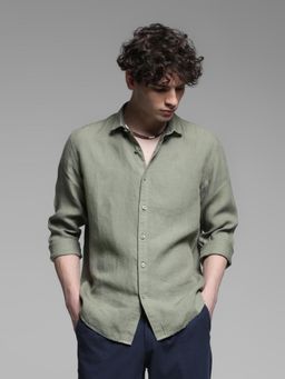Jack & Jones - Green Linen Regular Fit Solid Shirt