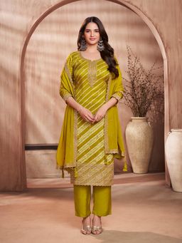 Seerat - Olive Embroidered Round Neck Kurta Pant with Dupatta