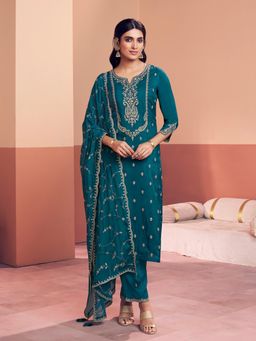 Seerat - Teal Embroidered Round Neck Kurta Pant with Dupatta