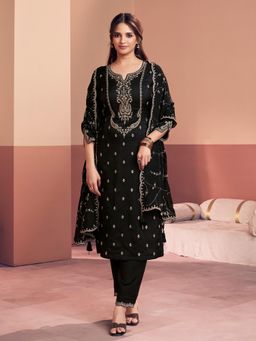 Seerat - Black Embroidered Round Neck Kurta Pant with Dupatta