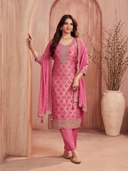 Seerat - Pink Embroidered Round Neck Kurta Pant with Dupatta