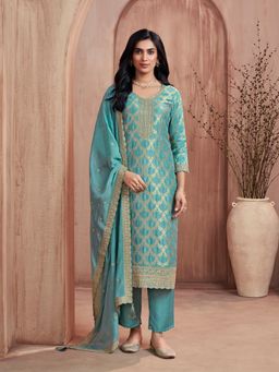 Seerat - Turquoise Embroidered Round Neck Kurta Pant with Dupatta