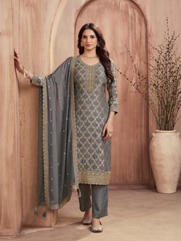 Seerat - Grey Embroidered Round Neck Kurta Pant with Dupatta