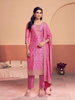 Seerat - Pink Embroidered Round Neck Kurta Pant with Dupatta