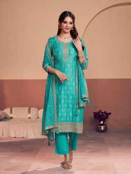 Seerat - Turquoise Embroidered Round Neck Kurta Pant with Dupatta