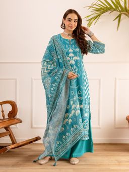 Autumnlane - Teal Printed Round Neck Kurta Palazzo with Dupatta