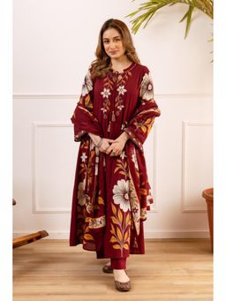 Autumnlane - Maroon Embroidered Tie Up Neck Kurta Pant with Dupatta