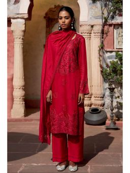 Autumnlane - Red Embroidered Round Neck Kurta Pant with Dupatta